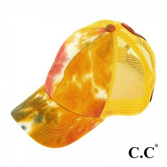 CC Tie Dyed High Bun Ponytail Hat Mustard Color SUPER CUTE Spring Hat - Picture 1 of 12